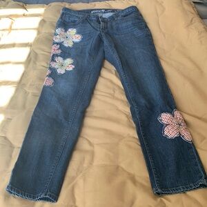 Eddie Bauer size 6 Boyfriend Fit, Slim leg, jeans with DIY sewn on patches